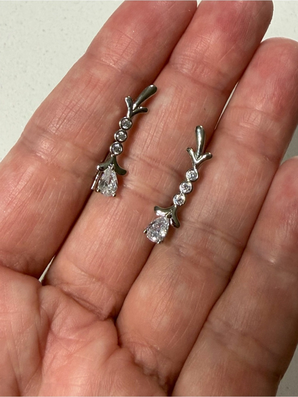 Pretty Bird USA White Gold-Tone Rhodium Ear Crawlers Earrings w/ Clear Pear CZs